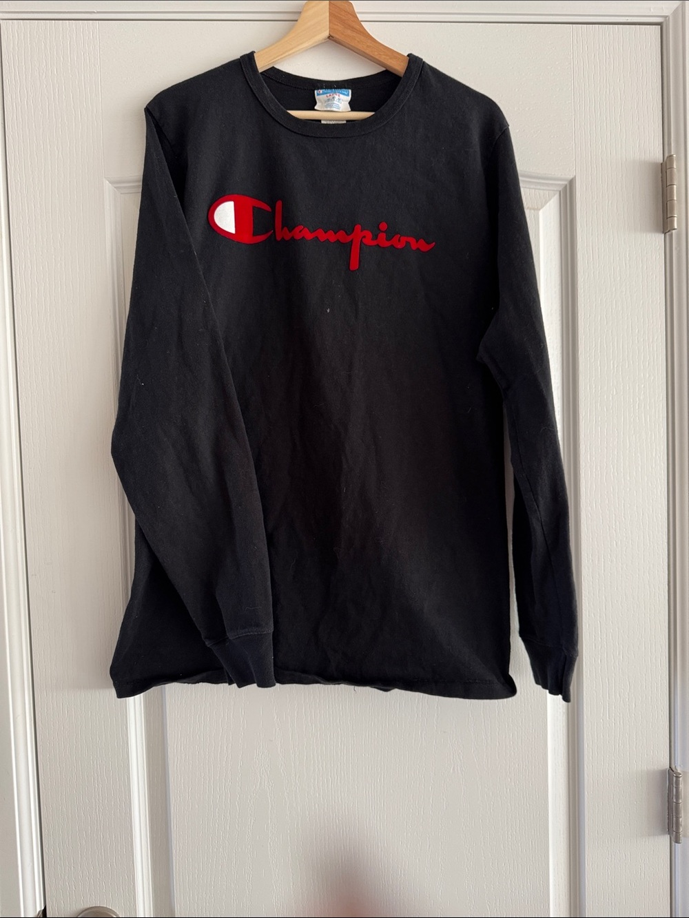 Champion Black Long Sleeve Shirt with Red Script